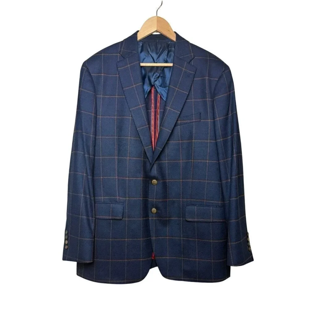 TailoRed Carlo Barbera Super Stretch Navy Plaid Wool Blazer Sz. 44R